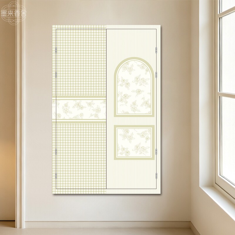 Light Luxury Vertical Striped Floral Rose Water Well/Electrical Well Door Sticker, Cream French-Style Corridor Cover-Up Beautification Self-Adhesive Decorative Painting
