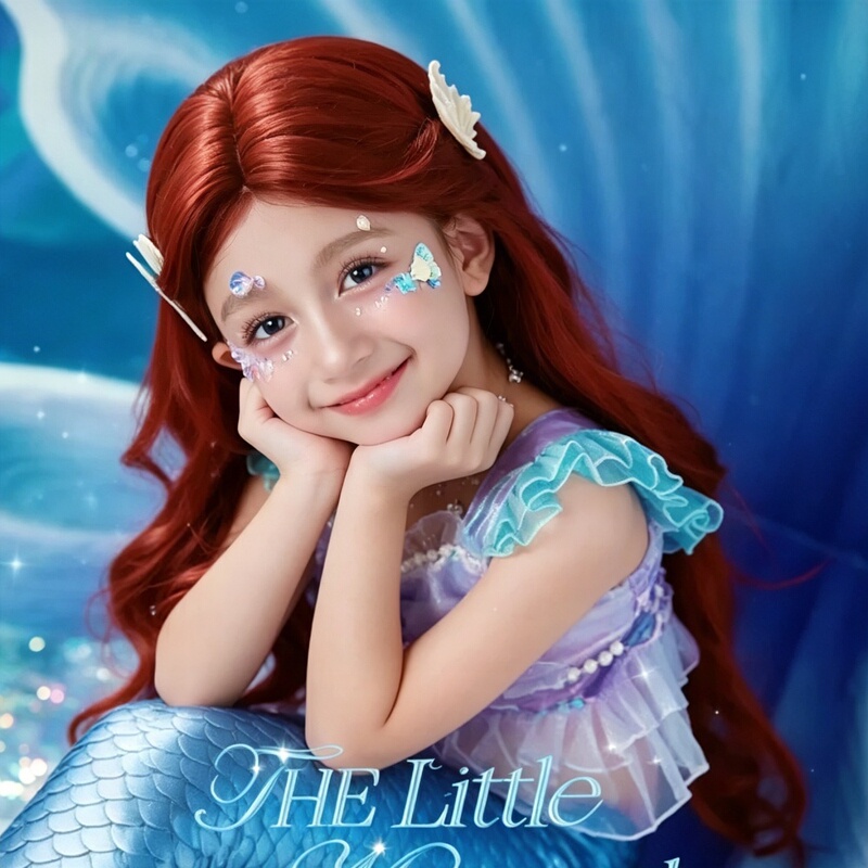 Children's Mermaid Ariel Wig Burgundy Long Curly Hair Big Waves Girls Cosplay Photo Shoot Full Head Set Children's Mermaid Ariel Wig Burgundy Long Curly Hair Big Waves Girls Cosplay Photo Shoot Full Head Set