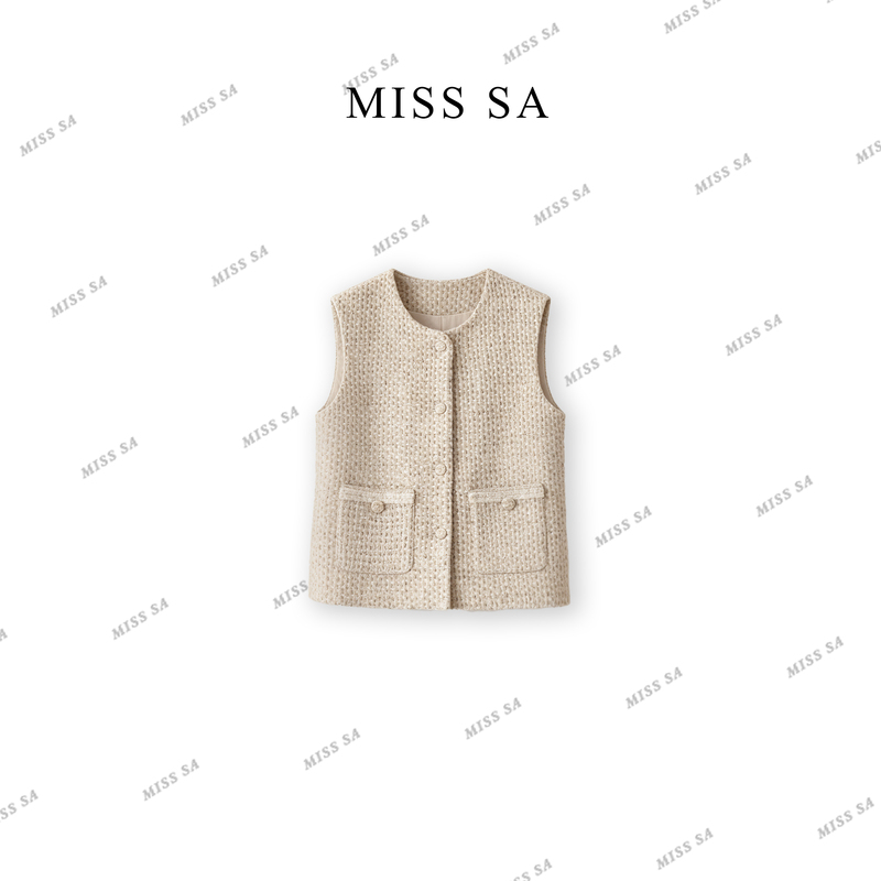 Miss Sa New Autumn and Winter Sequined Tweed Small Fragrant Style Oatmeal Color Vest Jacket Sm26098962 Miss Sa New Autumn and Winter Sequined Tweed Small Fragrant Style Oatmeal Color Vest Jacket Sm26098962