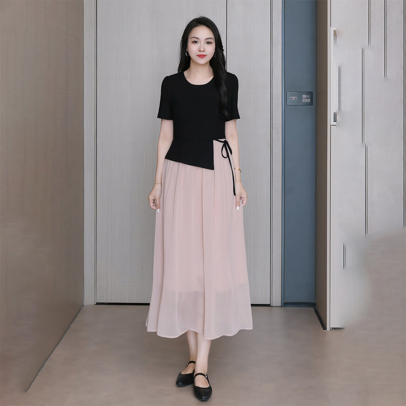 Misssa Pink Mesh Patchwork Dress for Women, Summer Design with Side Tie, Faux Two-Piece Dress Misssa Pink Mesh Patchwork Dress for Women, Summer Design with Side Tie, Faux Two-Piece Dress