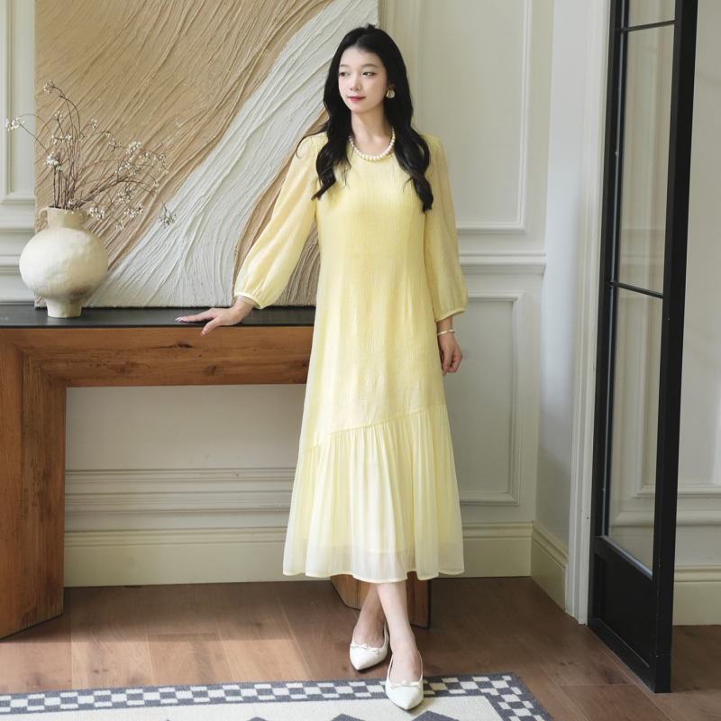 Misssa Sister Sha's Plus-Size French-Style Three-Quarter Sleeve Dress for Women, Summer Mid-Length Dress, Light Yellow Dress