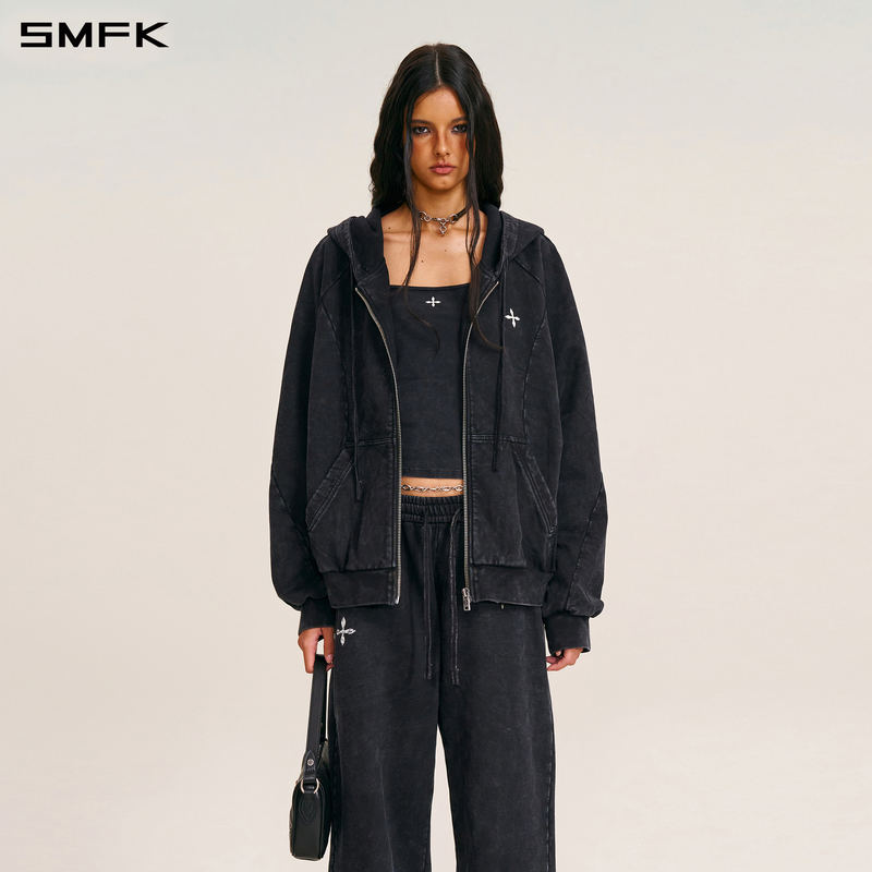 Smfk Wild Retro Wide-Body Sports Zipper Hoodie Chv01B Hooded Loose Sweatshirt Jacket