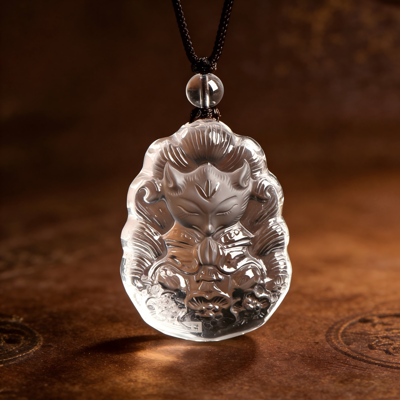 1130 Natural White Crystal Fox Pendant Necklace with Peach Blossom and Nine-Tailed Fox Design, Small Fox Pendant Jewelry