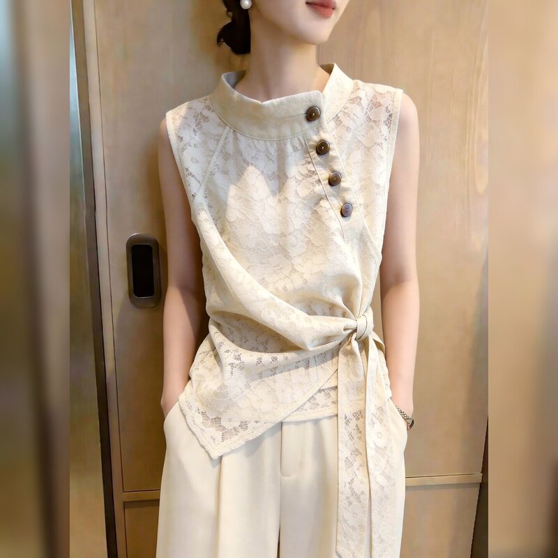 French Retro Apricot Lace Sleeveless Shirt for Women, New Summer Design with Stand Collar and Tie, Slimming and Versatile Top French Retro Apricot Lace Sleeveless Shirt for Women, New Summer Design with Stand Collar and Tie, Slimming and Versatile Top