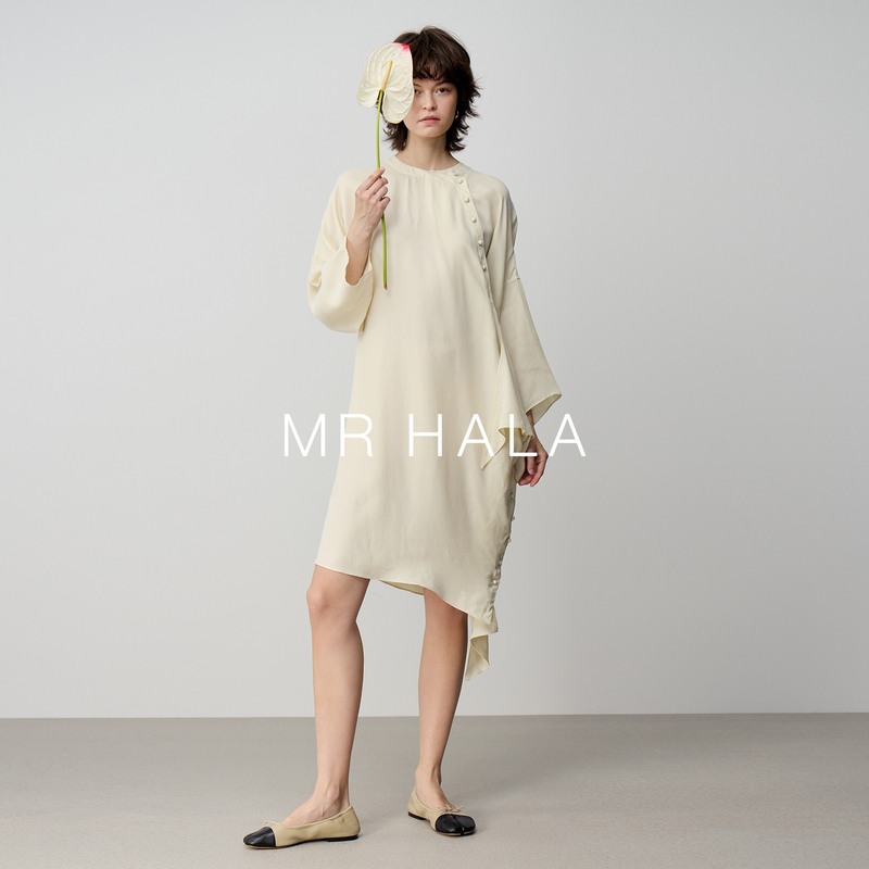 Mrhala Summer Women's Zichen Fine-Woven Cupro Yarn Side-Tie Handmade Buttoned Asymmetrical Dress Lq40359 Mrhala Summer Women's Zichen Fine-Woven Cupro Yarn Side-Tie Handmade Buttoned Asymmetrical Dress Lq40359