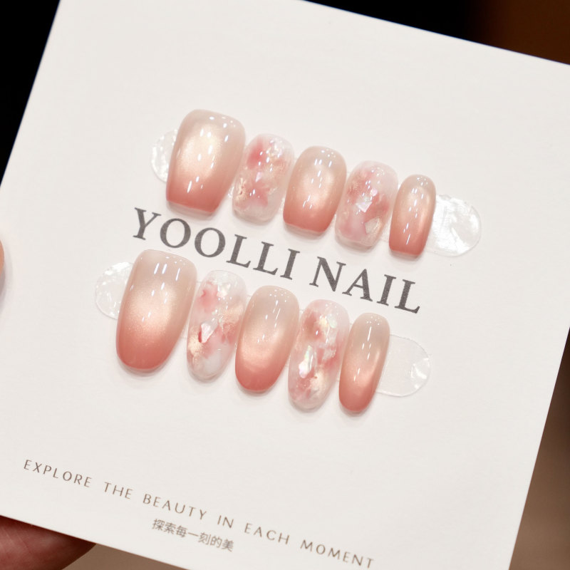 Youli【Peach Blossom】Handmade Wearable Nails Peach Gradient Cat Eye Pink Acetate Smudged Gentle and Dewy Manicure Youli【Peach Blossom】Handmade Wearable Nails Peach Gradient Cat Eye Pink Acetate Smudged Gentle and Dewy Manicure