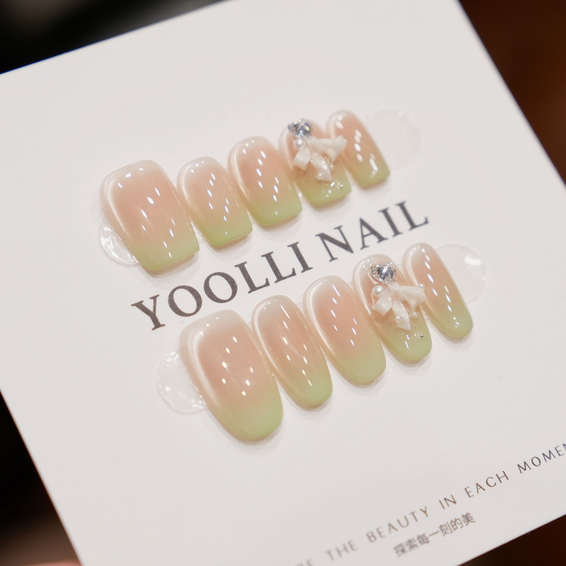 Youli【Green Beauty (12 Pieces)】Handmade Wearable Nails in Nude Color with Milky Green Gradient, Fresh and Gentle Spring Manicure