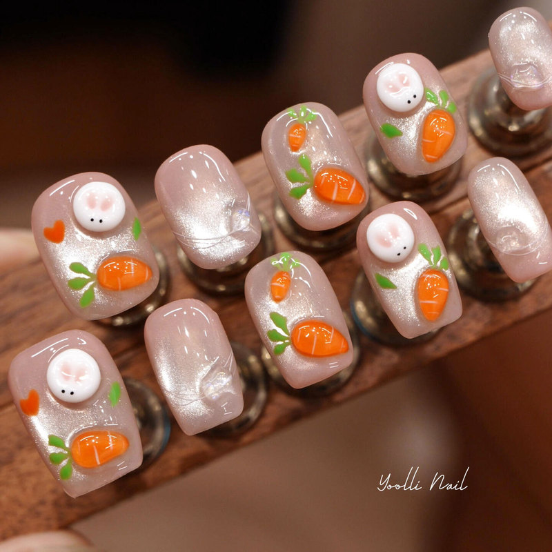 Youli【Rabbit Bubu】Handmade Wearable Nails Nude Gradient Cat Eye Rabbit Carrot Daily Cute Manicure