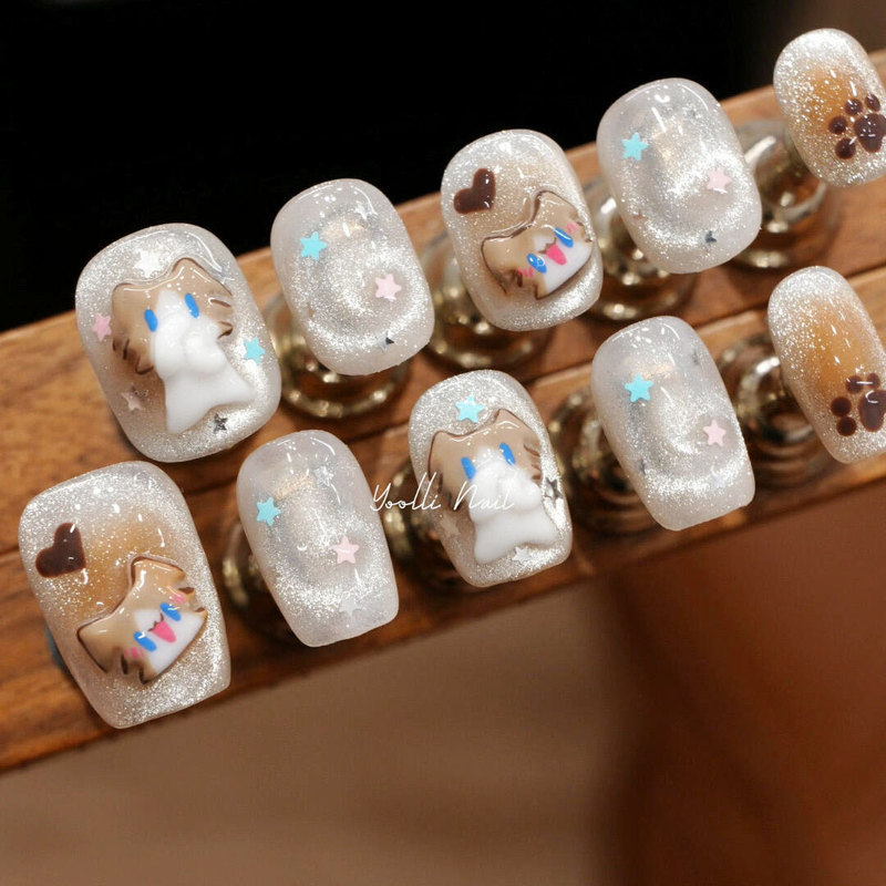 Youli【月薪喵】Purely Handmade Wearable Nails with 3D Squishy Internet Celebrity Cat Expression Covering Mouth, Cute Niche Nail Art