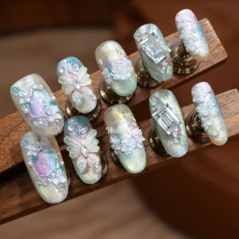 Youli【A Midsummer Night's Dream】Handmade Wearable Nails with Cat Eye Carving, 3D Butterfly Gradient, Elegant and Gentle Nail Art