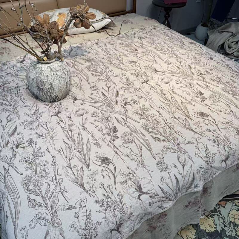 【Ink-Dyed Floral Patterns】3.5-Piece Heavy-Duty Hemp Printed Bed Sheet and Blanket Set with Border, 155*205/ Approximately 1.65kg