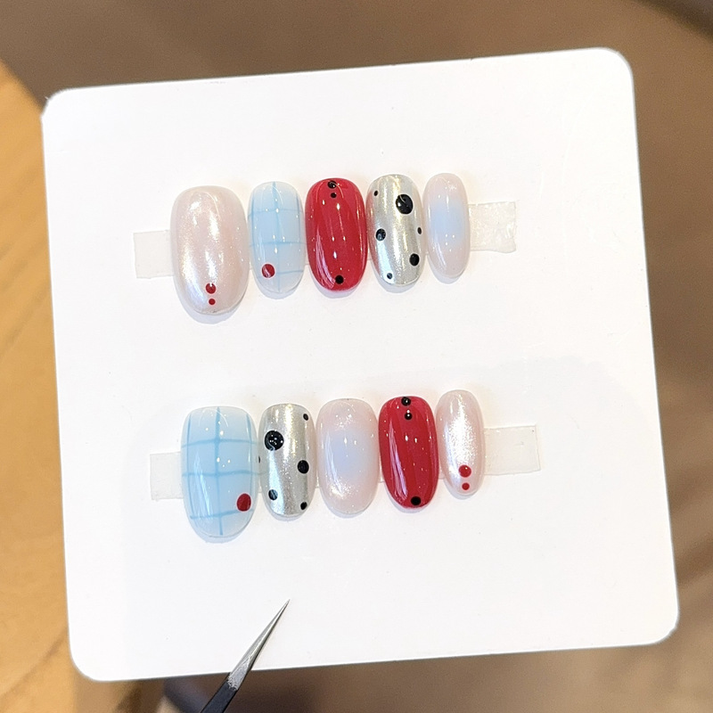 Dopamine Short Round Press-On Nails, Light Blue Plaid with Hand-Painted Red Dots, Silver and Black Dots, Niche Minimalist Gentle Versatile Nail Pieces