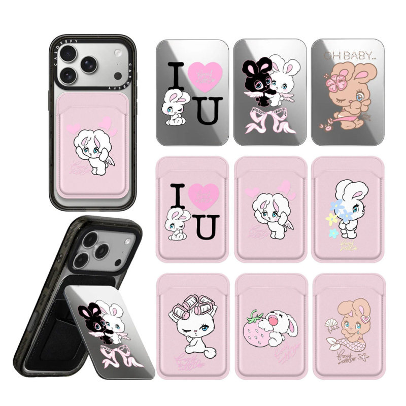 Cartoon Cute Angel White Rabbit Magnetic Leather Card Holder Suitable for iPhone Phones, Foldable Magnetic Stand Card Holder