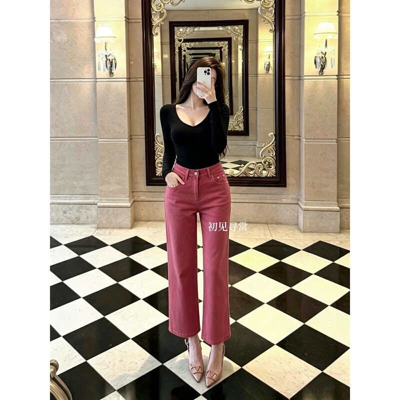 High-End Raspberry-Colored High-Waisted Jeans for Women, 2026 New Style, Slimming Straight-Leg Pants, Stylish Casual Pants for Petite Figures High-End Raspberry-Colored High-Waisted Jeans for Women, 2026 New Style, Slimming Straight-Leg Pants, Stylish Casual Pants for Petite Figures
