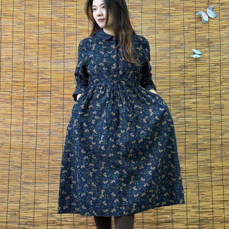 Lapel Long-Sleeved Floral Dress, Retro Ethnic Style Long Skirt, Loose Skirt with Wide Hem