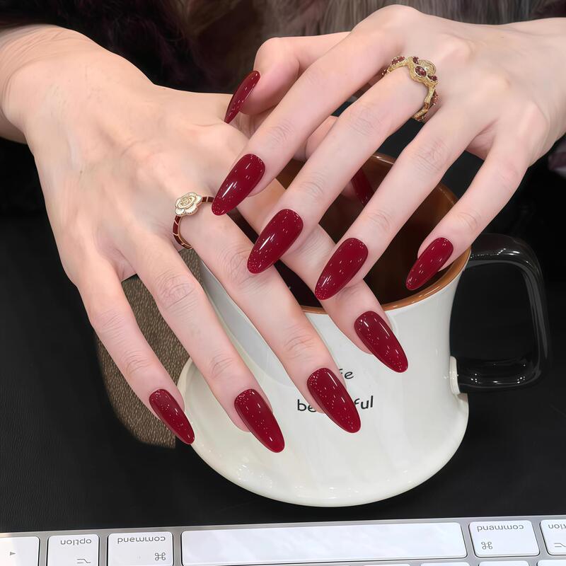 Retro Rich Wine Red Glossy Oval Press-On Nails, High-End, Complexion-Enhancing, Mature Style, Festive Atmosphere, Handmade Fake Nails Retro Rich Wine Red Glossy Oval Press-On Nails, High-End, Complexion-Enhancing, Mature Style, Festive Atmosphere, Handmade Fake Nails