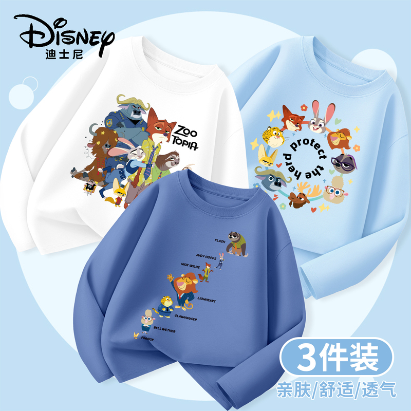Disney Boys' Pure Cotton T-Shirt Spring Collection Zootopia Collaboration Clothing Spring Children's Nick Long-Sleeve Children's Clothing