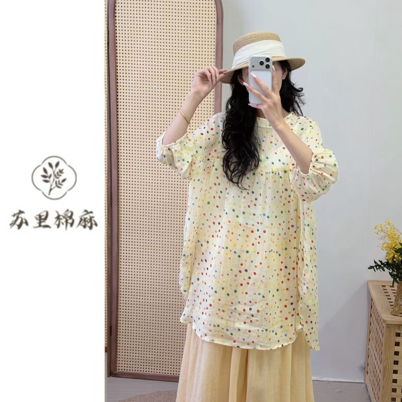 【Suri】"100% Ramie Patchwork Blouse" Korean-Style Mid-Length Japanese-Style Lantern Sleeve Three-Quarter Sleeve Shirt for Women