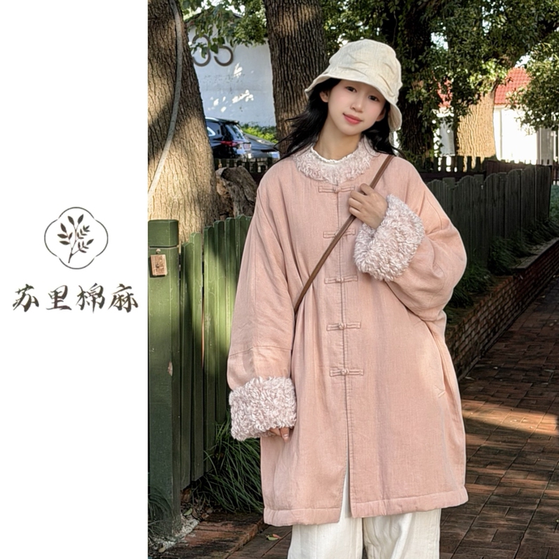 [Suli] “Extended Button Pure Linen Coat” 26 Winter Thickened Mid-Length Lamb Wool Warm Cotton Jacket for Women