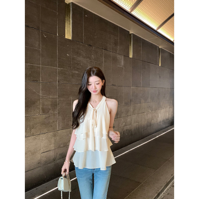 1Xtwo Cloud Gauze Fairy Blouse Gentle Ruffled Sleeveless Halter Top Women's Outerwear Tie-Up Vest Blouse 1Xtwo Cloud Gauze Fairy Blouse Gentle Ruffled Sleeveless Halter Top Women's Outerwear Tie-Up Vest Blouse