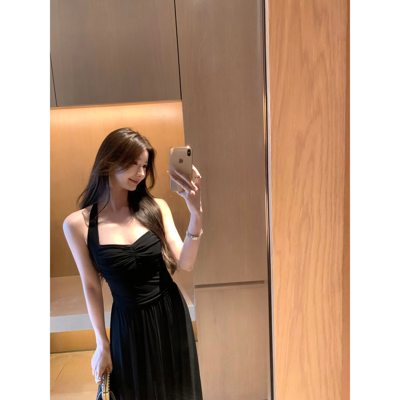 1Xtwo Elegant and Luxurious Black Sexy Mesh Halter Dress for Women with Chest Pads, Waist Cinching, Ruched Backless Long Dress