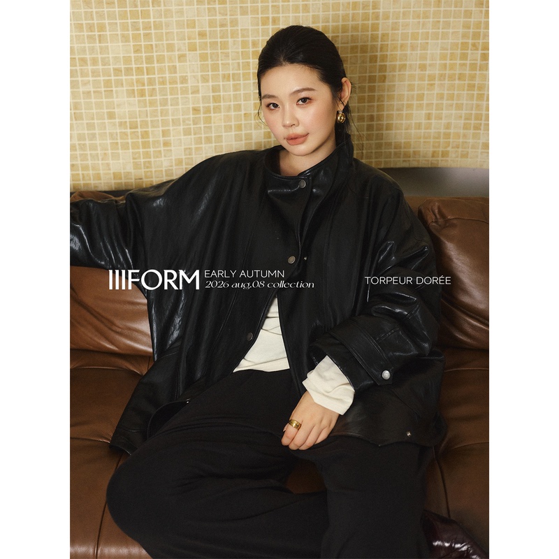 Iiiform Special Metal Thread Pu Leather Slightly Plus-Size Minimalist Loose Silhouette High-End Leather Jacket for Women Iiiform Special Metal Thread Pu Leather Slightly Plus-Size Minimalist Loose Silhouette High-End Leather Jacket for Women