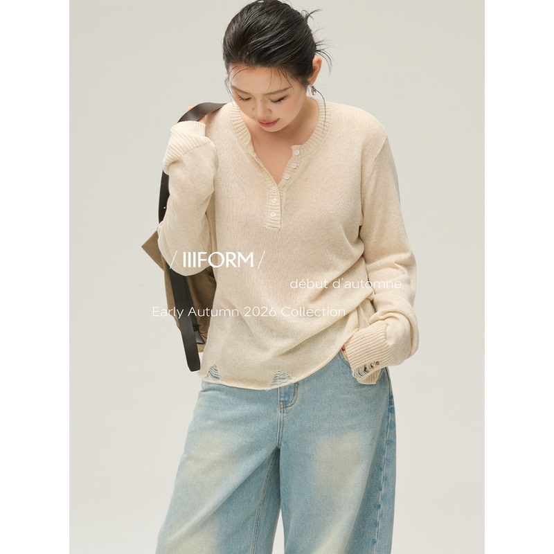 Iiiform Linen Lyocell Tencel Plus Size Minimalist Henry Collar Mesh Frayed Knit Top for Women