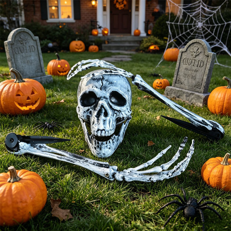 Halloween decorations, realistic skull and ghost hand ornaments, outdoor horror atmosphere decorations, courtyard props