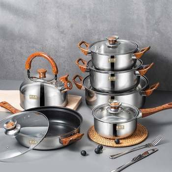 E-commerce product stainless steel pot 12-piece set with wood grain handle removable kitchen cooking pot with kettle