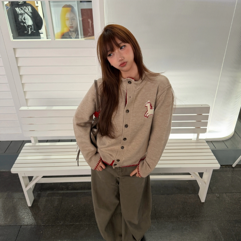 Clearfrost's Hand-Stitched Pony Half-High Collar Rolled Edge Wool Cardigan with Hand-Stitched Edges, New Year's Edition, Same Style as a Ding