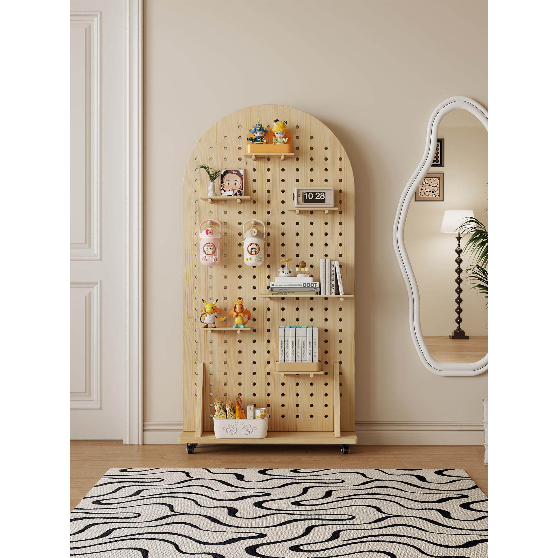Wall-mounted movable pulley storage rack, customized yoga mat, fitness equipment storage and organization, vertical hole board floor-standing