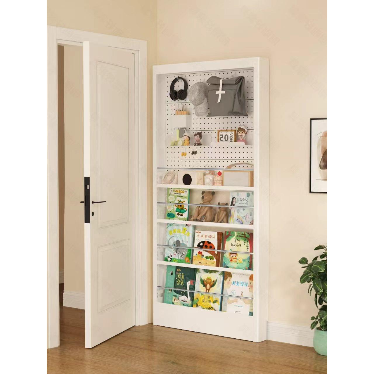 Behind-the-door bookshelf, steel ultra-thin perforated board storage rack, one-piece floor-to-ceiling wall storage, narrow gap, home picture book rack