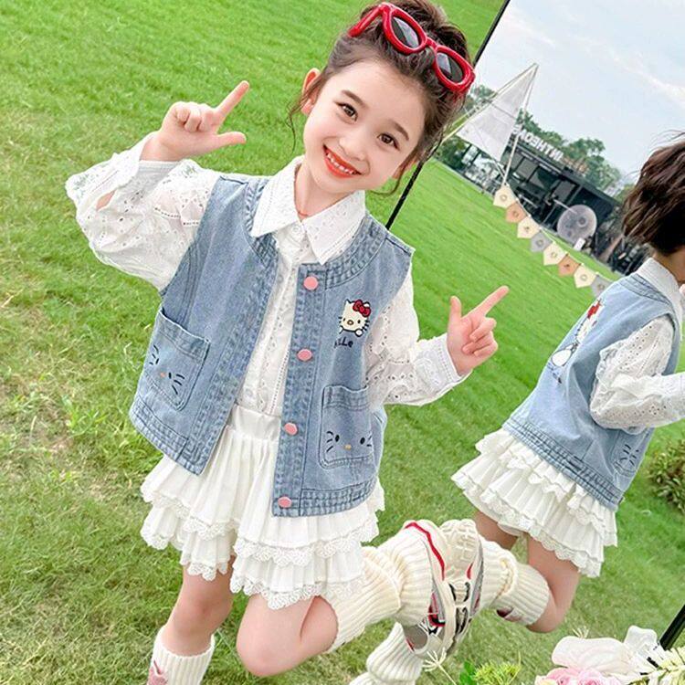 女の子用デニムベスト、春秋スタイル、おしゃれなアウター、秋用ベスト、子供用秋服、ウエストコート、ショルダーバッグ