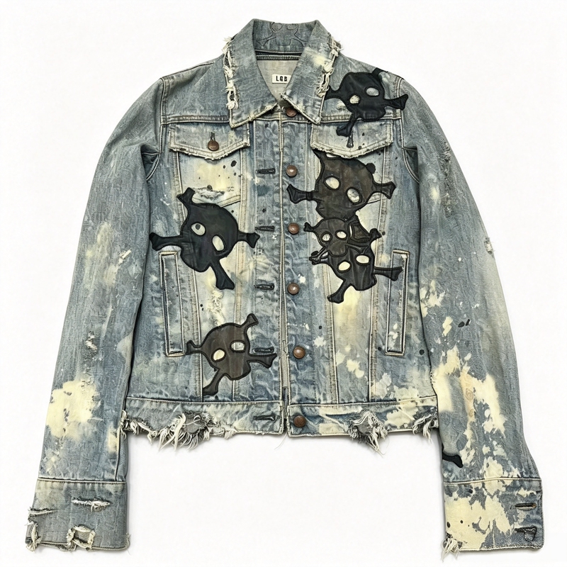 (Highly Recommended) L.G.B 00S Visual Style Retro Genuine Leather Skull Patchwork Heavy Wash Distressed Denim Jacket