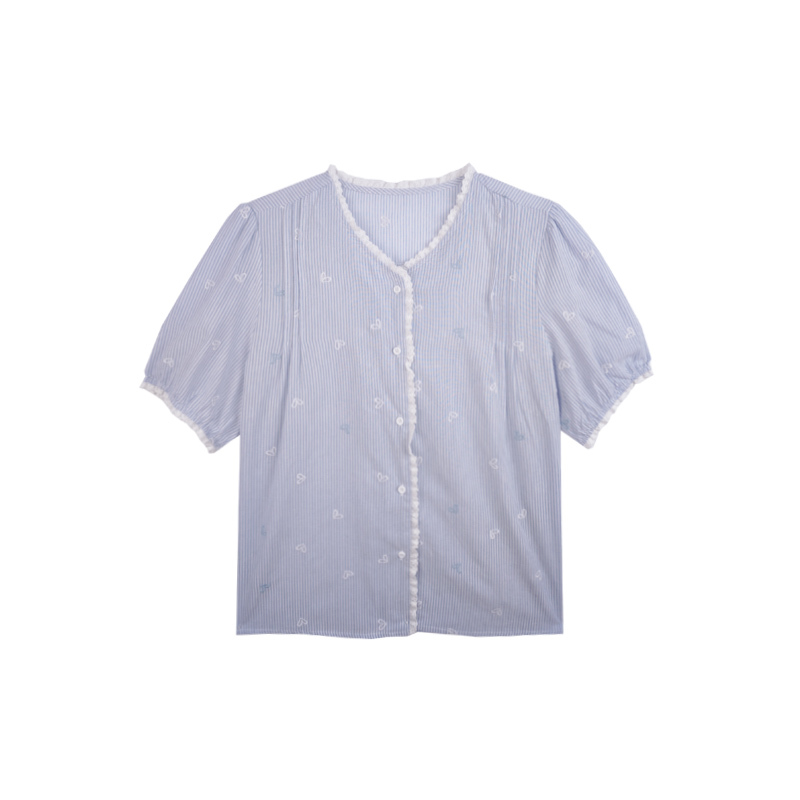 [Oda Exclusive] New Summer Style V-Neck Lace Single-Breasted Striped Blouse 260218