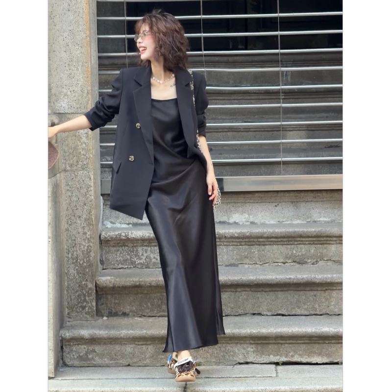 Flaresoil Black Satin Suspender Dress for Women Early Autumn Slim Fit Long Slip Dress with Drape Effect Flaresoil Black Satin Suspender Dress for Women Early Autumn Slim Fit Long Slip Dress with Drape Effect