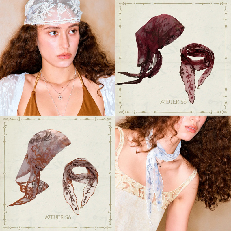 Atelierso Ni Suo Official Genuine Product Romantic Lace Triangle Scarf with Ribbon, Vintage Embroidered Thin Neck Scarf