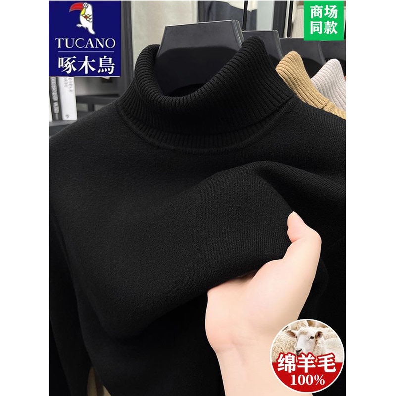 Woodpecker Men's Wool Sweater with Fleece Lining, Thickened Turtleneck, Winter Pullover, Solid Color, Warm Knit Base Shirt