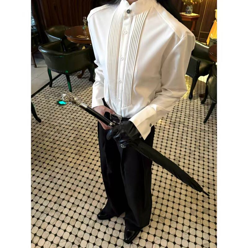 Aro【Men's Edition】French-Style Noble Gentleman Pleated Black and White Shirt, Palace-Style Slim-Fit High-End Shirt Aro【Men's Edition】French-Style Noble Gentleman Pleated Black and White Shirt, Palace-Style Slim-Fit High-End Shirt