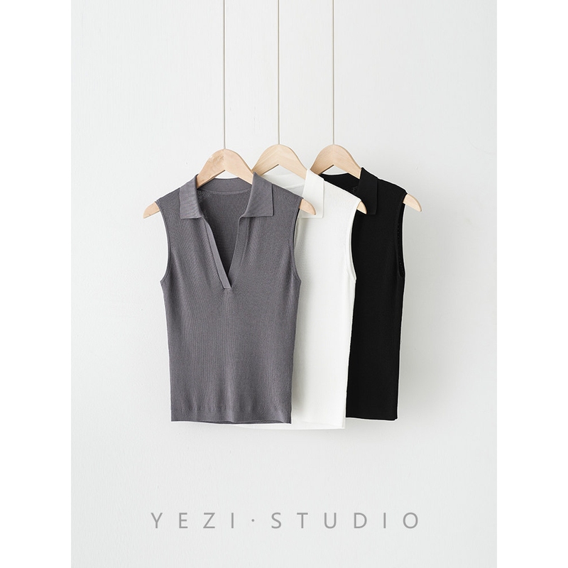 【Cooling Shirt】Mulberry Silk Polo Collar Navy Style Versatile Sleeveless Knit Vest Top 24218406