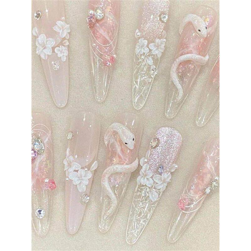 Purely Handmade Children's Wearable Nails for Girls, Flower and White Snake Designs, Handmade Wearable Nails, Wearable Nail Art