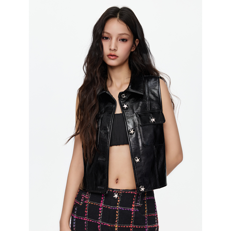 Jovvi "Patent Leather Style" Black British Imported Sheepskin Fashionable Versatile Leather Vest Jovvi "Patent Leather Style" Black British Imported Sheepskin Fashionable Versatile Leather Vest