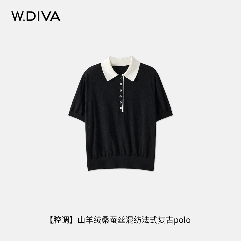 W.Diva Wei Boss [Style] Retro Black and White Polo Collar Short Sleeve Cashmere Sweater 26 Autumn New Collection