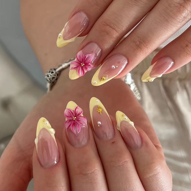 2026 New Yellow Carved Wearable Nails Handmade Medium-Length Simple Hailey Manicure High-End Stunning Almond Nails