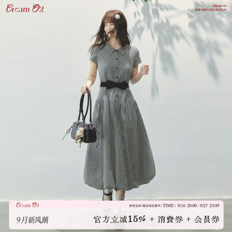 Cream Oxygen 2026 Summer New Vintage Color-Block Black and White Plaid Bowknot Puff Sleeve Dress Long Dress Cream Oxygen 2026 Summer New Vintage Color-Block Black and White Plaid Bowknot Puff Sleeve Dress Long Dress