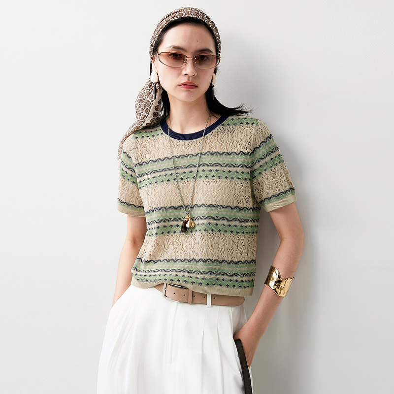 Coco Hurben [Fair Isle Striped Hollow Out] Short Round Neck Wave Knit Short Sleeve Top for Women Hb1748
