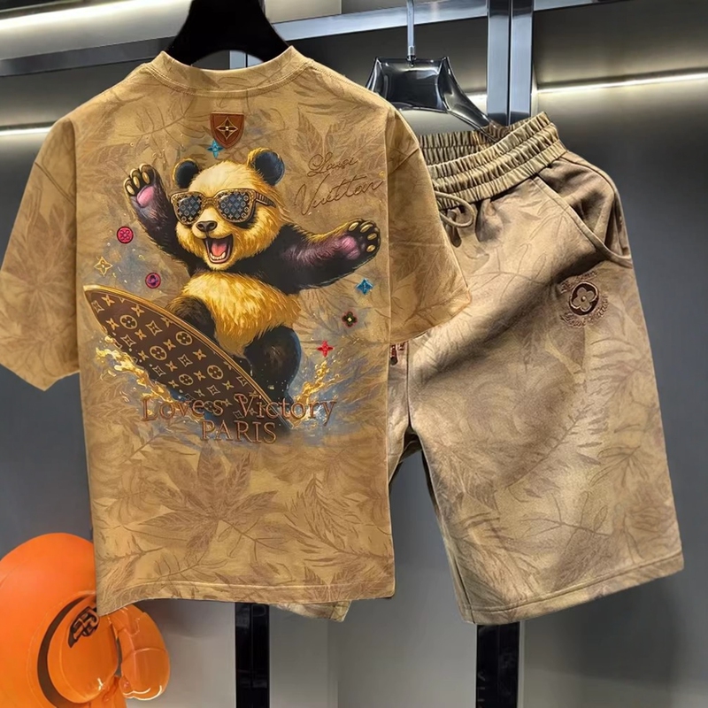 Pure Cotton Trendy Panda Surf Vintage Embroidered T-Shirt Short Sleeve Shorts Set Men's Summer Loose Casual Sports Suit Pure Cotton Trendy Panda Surf Vintage Embroidered T-Shirt Short Sleeve Shorts Set Men's Summer Loose Casual Sports Suit