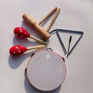 High-end primary school audio music class percussion instrument double tambourine+triangle+sand hammer