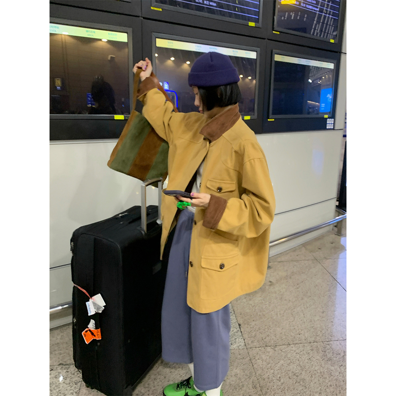 Mona Zhang Qixian Distressed Engineer Jacket/Retro Style Washed Distressed Oversized Drop-Shoulder Hunting Jacket Coat