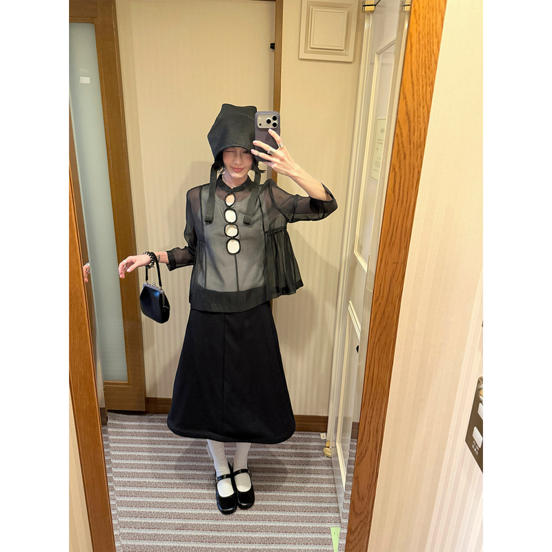 Mona Zhang Qixian Sheer Stand-Collar Babydoll Top/Organza New Chinese Style Slightly Sheer Loose Pleated Blouse for Women